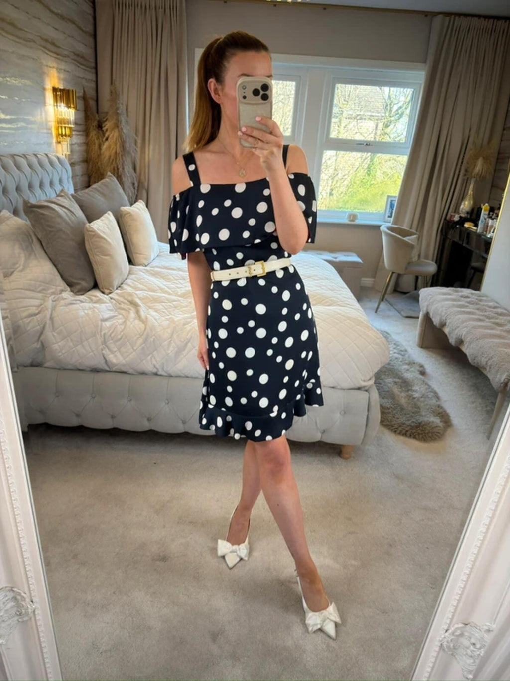 Michaela Louisa Navy & White Polka Dot Dress Small
