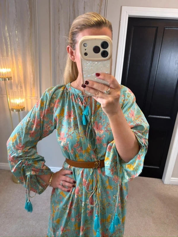 Soho Turquoise / Blue Boho Midi Dress L/XL