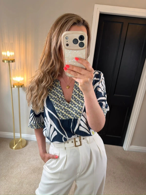 White Stuff Navy Linen Blend Floral Blouse 12