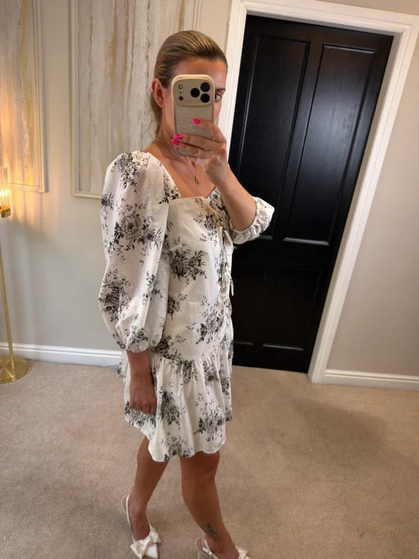 H&M White Floral Tie Front Drop Hem Dress Medium BNWT