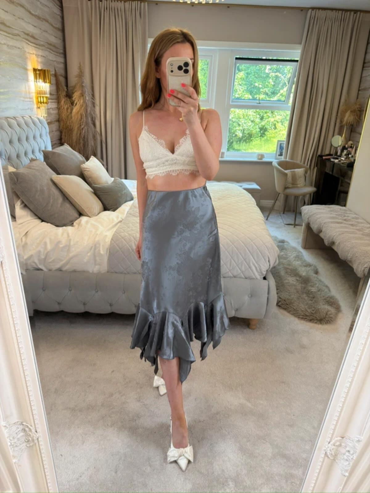 ⭐ BNWT Miss Selfridge Purple / Silver Asymmetrical Satin Floral Midi Skirt 12