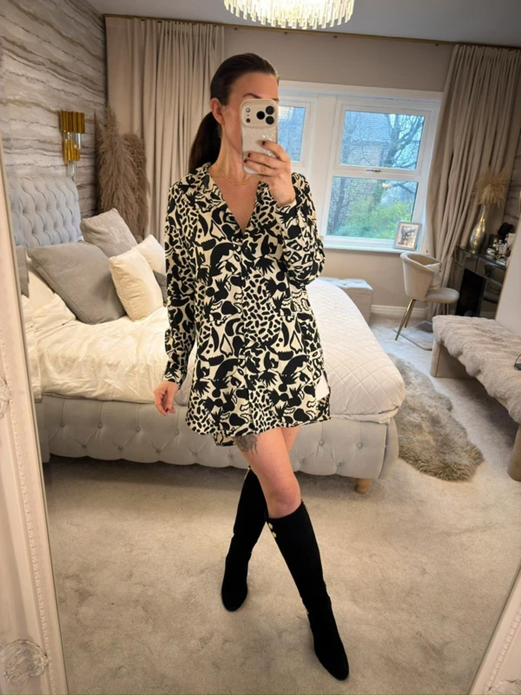 Monki Cream & Black Oversized Shirt XS