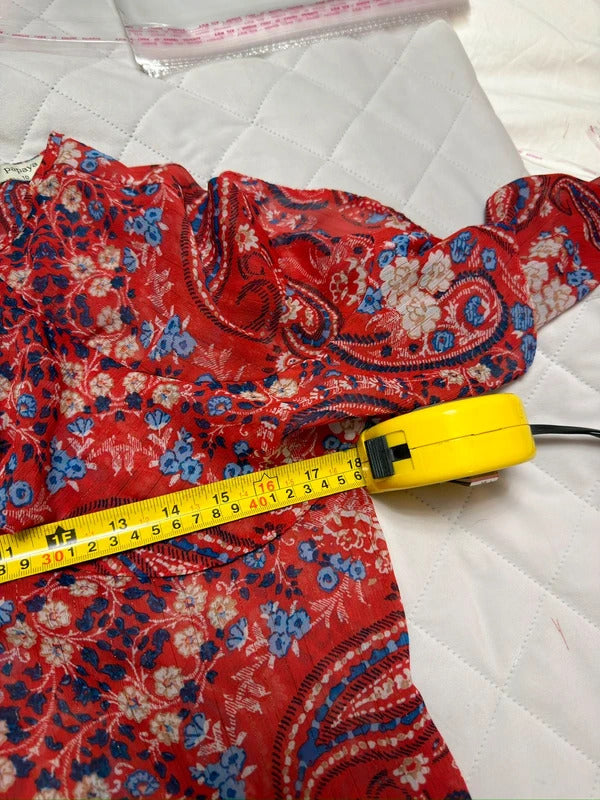 Papaya Red & Blue Sheer Paisley Frill Blouse 10