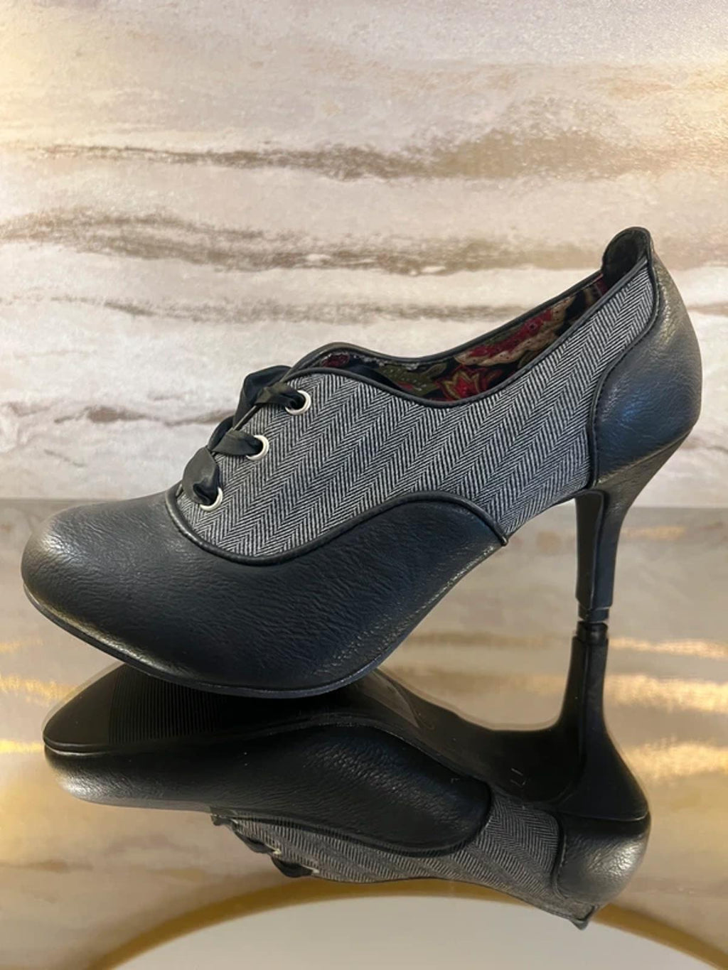 Joe Browns Black & Grey Herringbone Ribbon Lace Heels 6