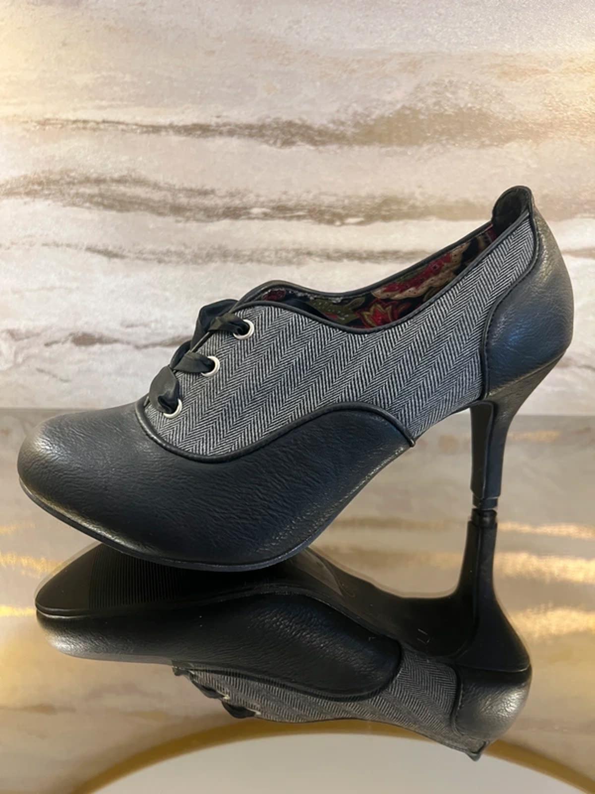 Joe Browns Black & Grey Herringbone Ribbon Lace Heels 6