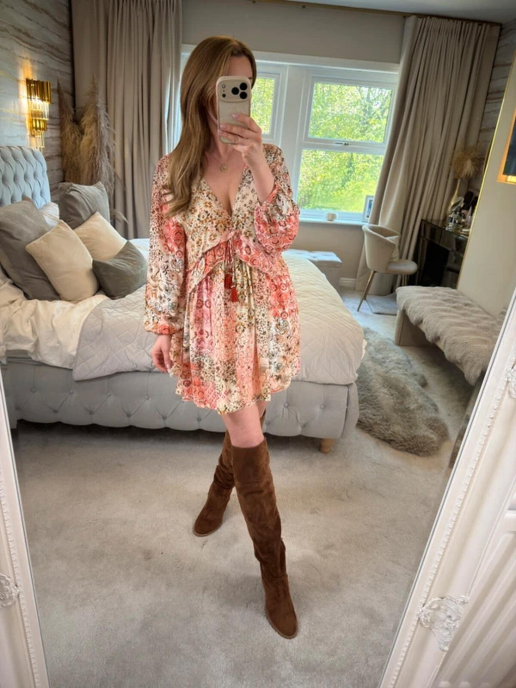 Zara Cream & Pink Boho Mini Dress Small