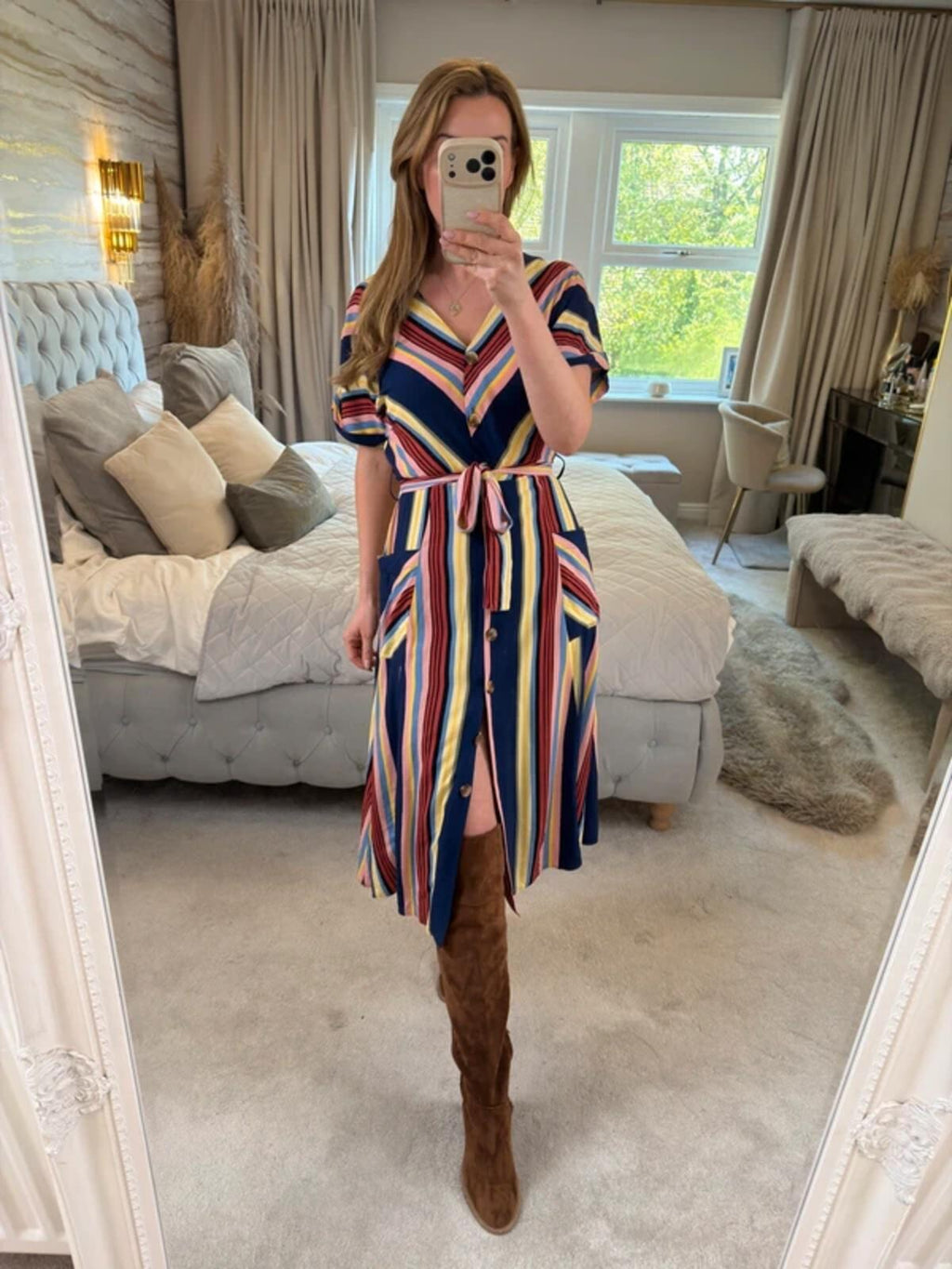 Warehouse Multicoloured Belted Midi Shirt Dress 10