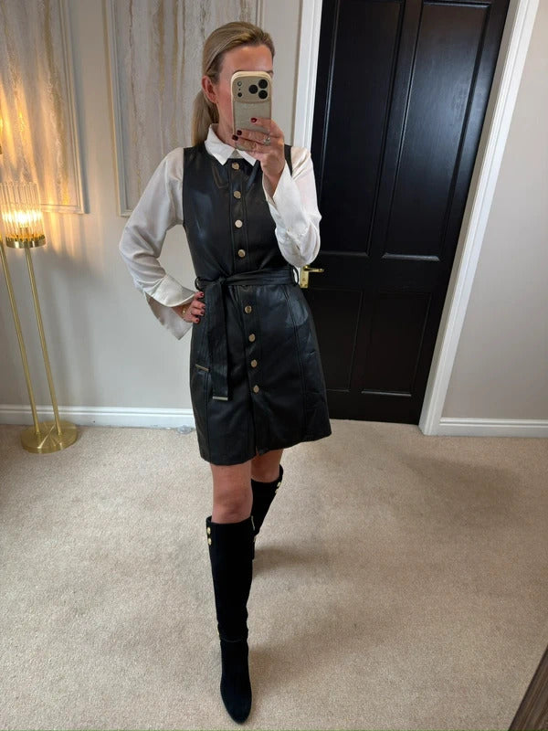 F&F Black Faux Leather Belted Dress 10