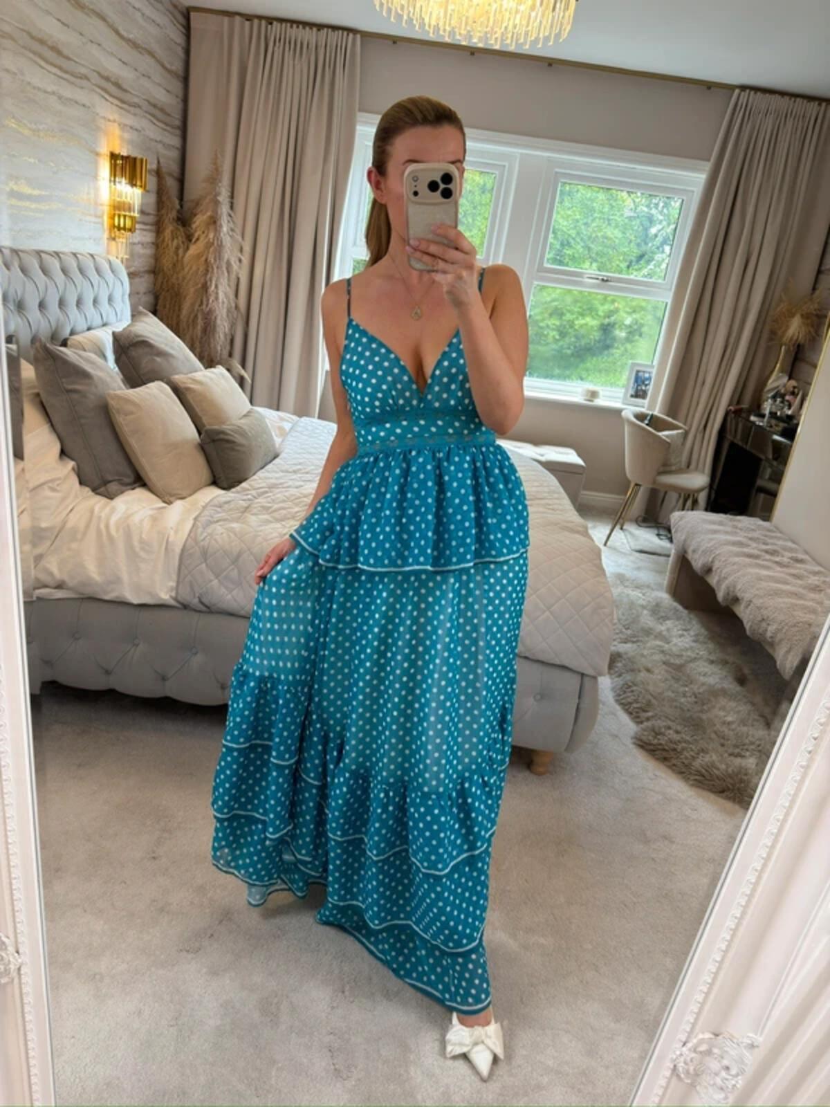 Golden Days Teal Blue & White Polka Dot Tiered Maxi Dress 8