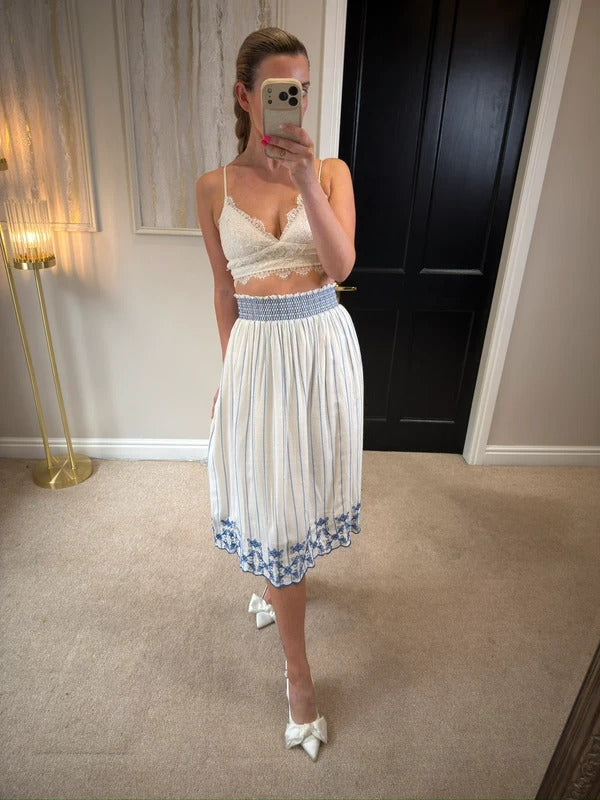 M&S White & Blue Embroidered Midi Skirt 12