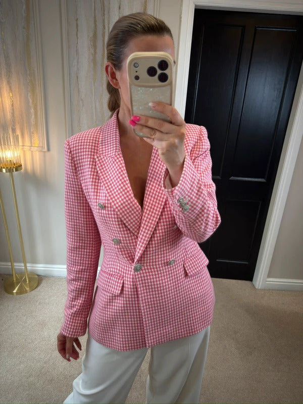 Zara Pink & White Gingham Blazer Small