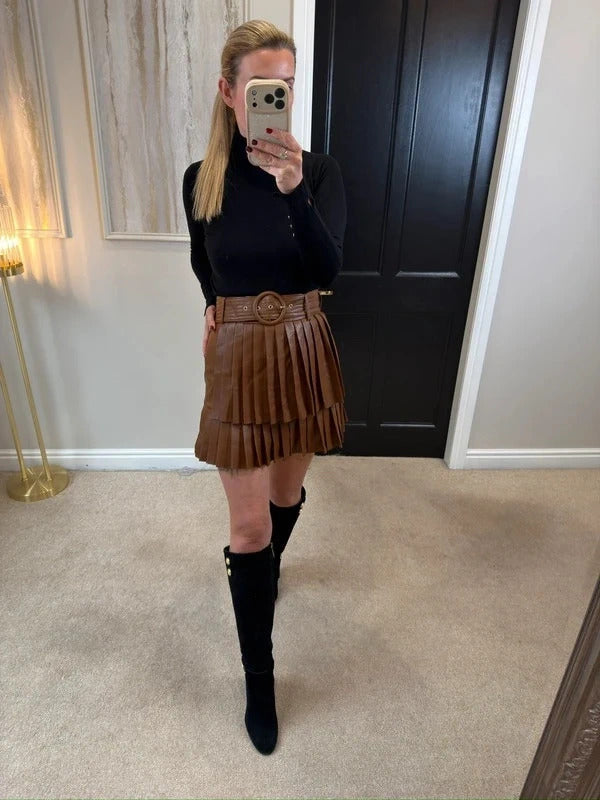 Zara Brown PU Leather Pleated Belted Skirt Small
