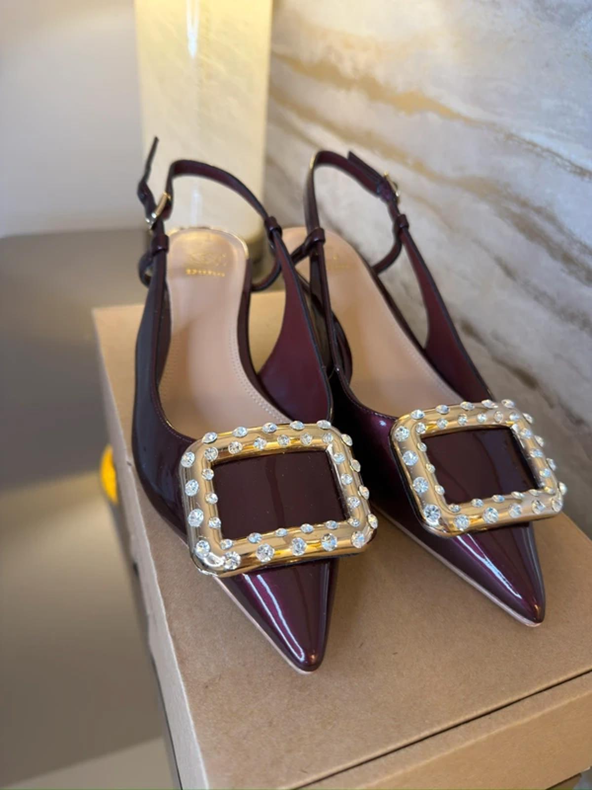 Dune Burgundy Patent Diamanté Heels 4