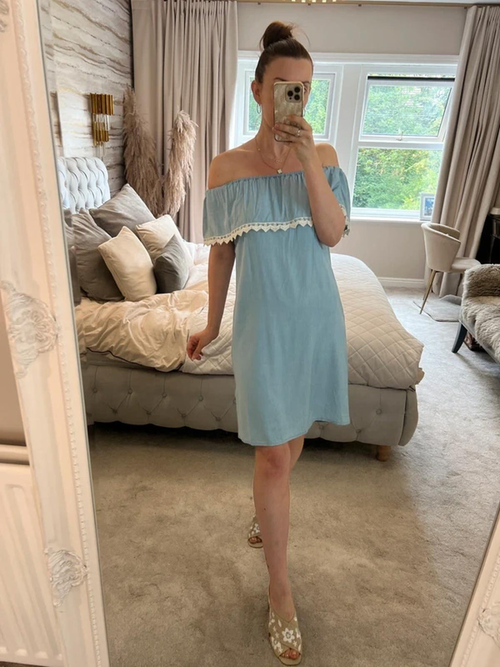 New Look Light Blue Denim Off The Shoulder Dress 8