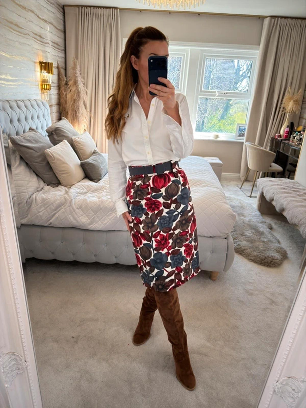 Boden Red Floral Skirt 8 Long