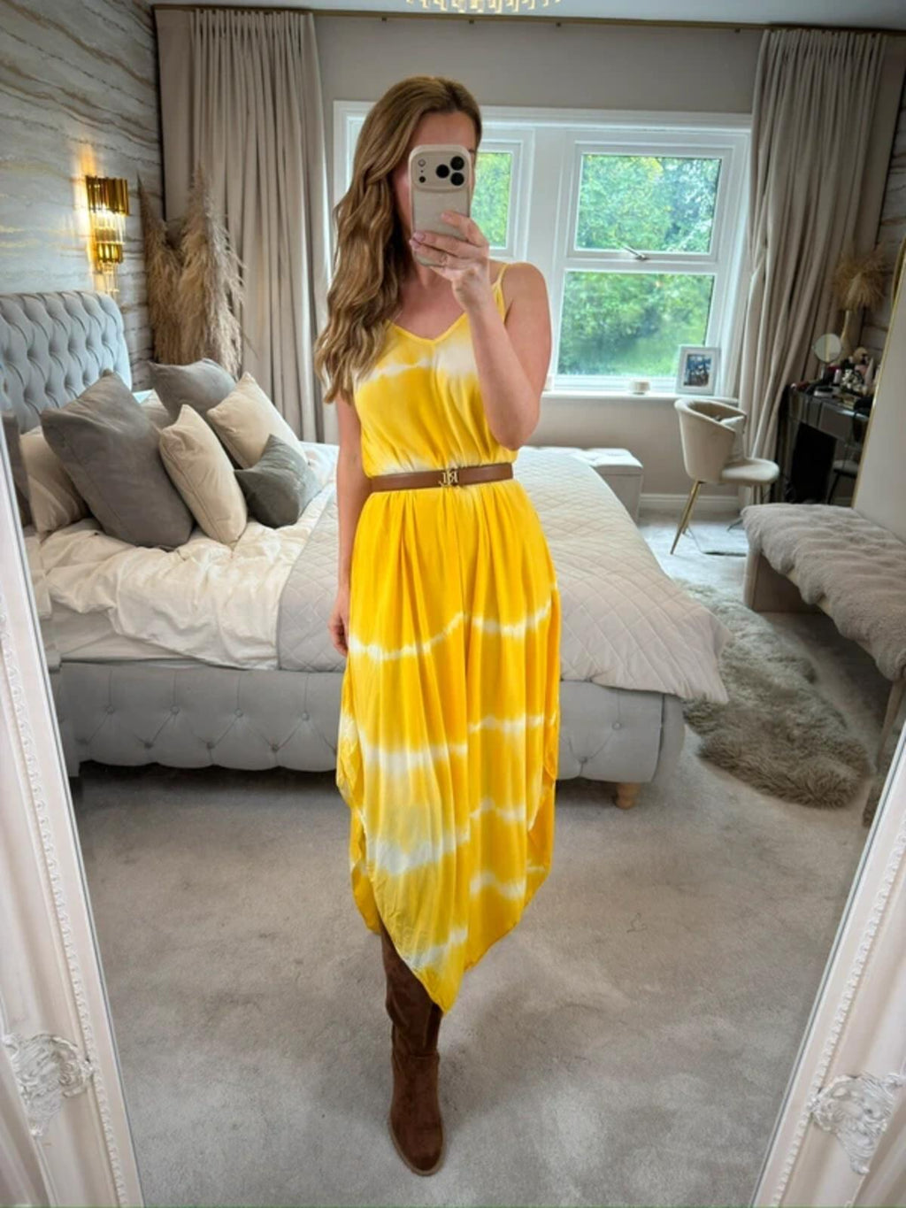 Boutique Yellow Tie Dye Dip Hem Dress One Size
