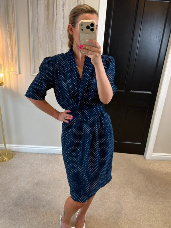 Vintage Navy & White Polka Dot Belted Dress 16