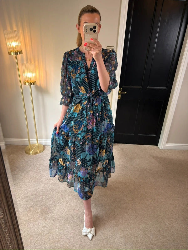 Next Navy Floral Tiered Frill Midi Dress 12
