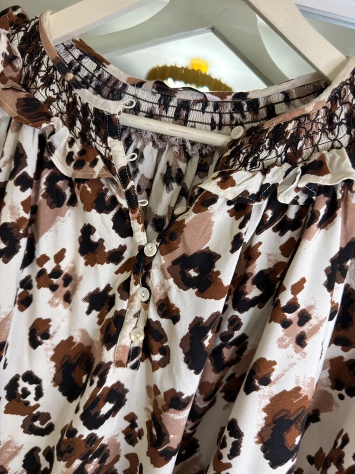 White & Brown Boho Animal Print Blouse 16