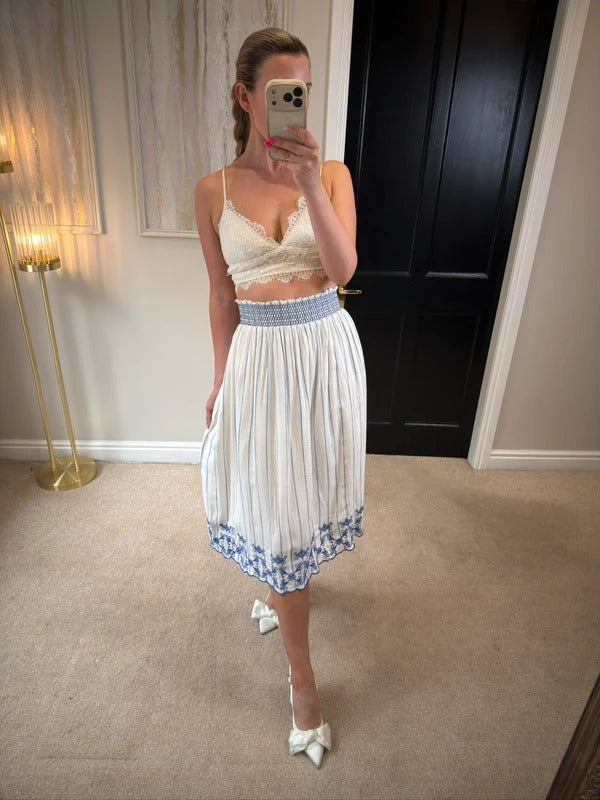 M&S White & Blue Embroidered Midi Skirt 12
