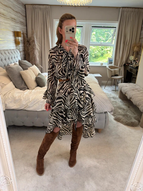 ARRI Black & Cream Sheer Dip Hem Frill Animal Print Dress 10