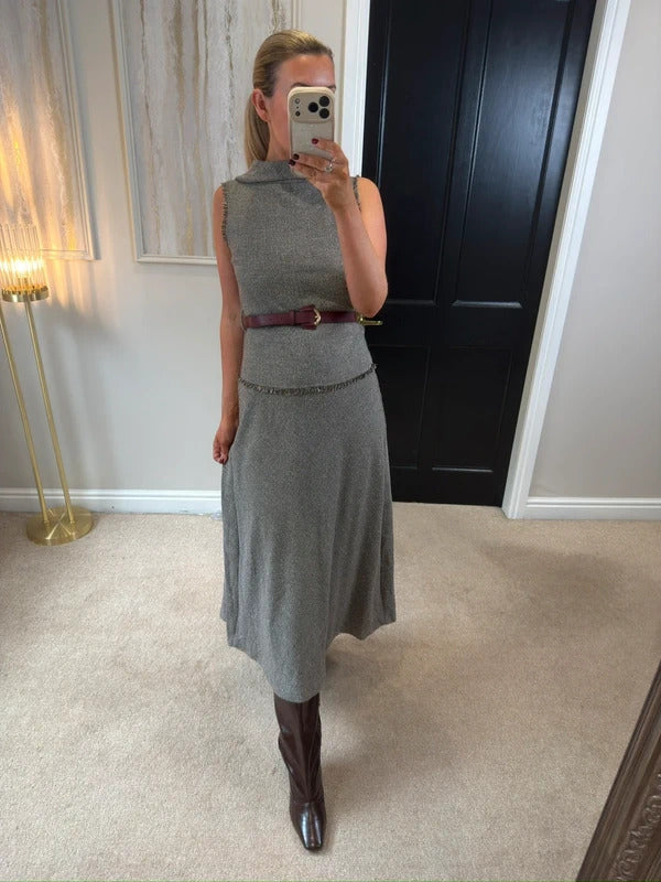 BNWT Zara Brown / Grey Tweed Style Midi Dress XS