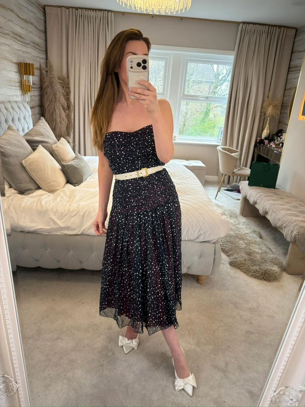 Vintage Navy Spotted Strapless Midi Dress 10/12