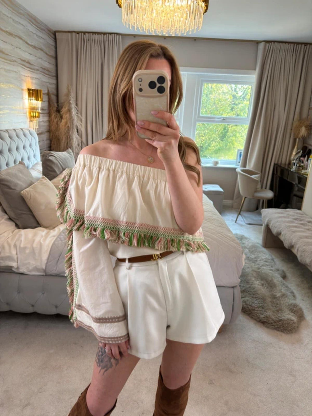 Celia Dragouni Cream Boho Tassel Blouse