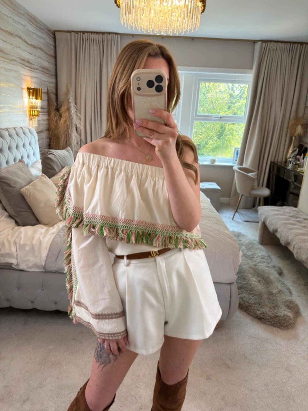 Celia Dragouni Cream Boho Tassel Blouse