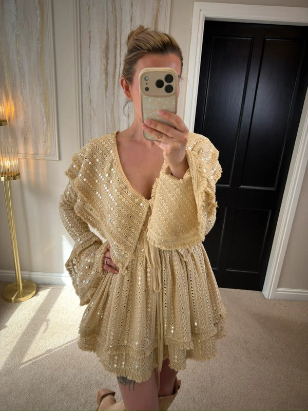 Gypsabella Beige / Gold Portia Boho Embellished Dress Small