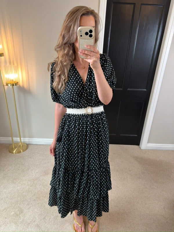 Knox Rose Black & White Tie Wrap Tiered Midi Dress Large