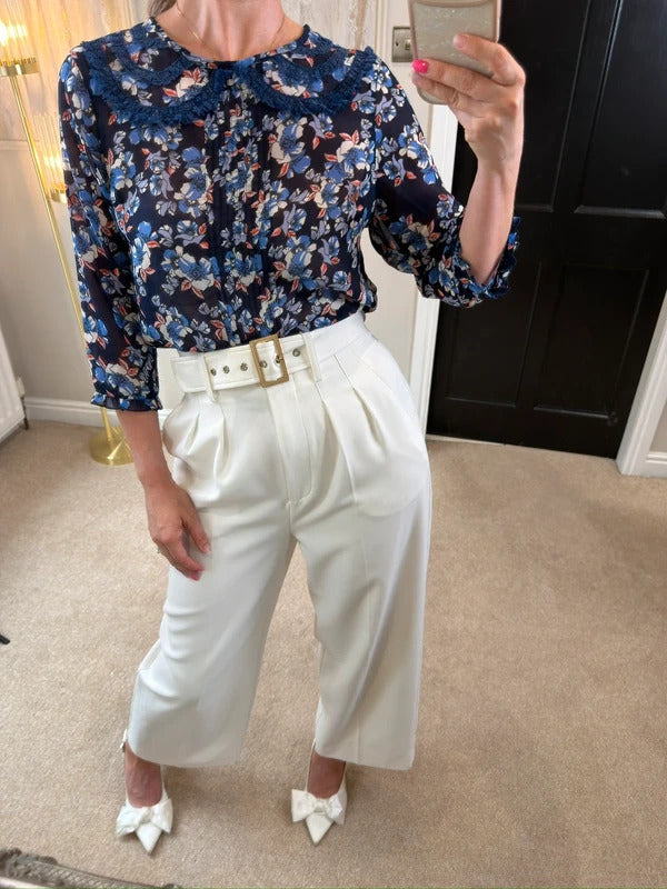 River Island Semi Sheer Blue Floral Lace Collared Blouse 12