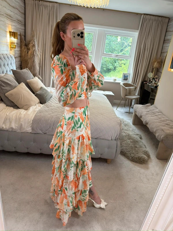 Moocci White & Orange Floral Tiered Skirt Co Ord Small