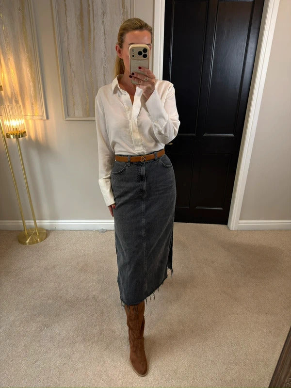 Topshop Washed Black Distressed Split Midi Skirt 10