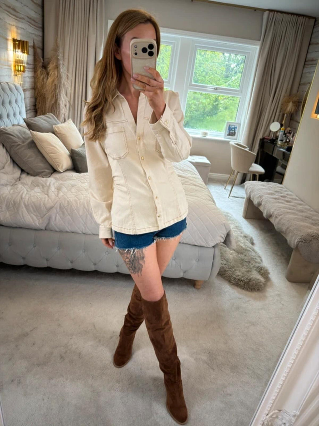 Zara Cream Denim Fitted Shirt Large