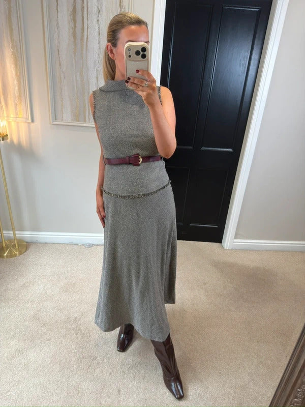 BNWT Zara Brown / Grey Tweed Style Midi Dress XS