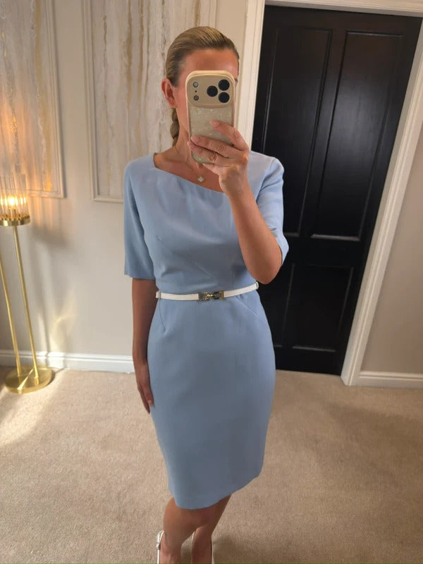 Libby Light Blue Richmond Asymmetrical Neckline Tailored Dress 12