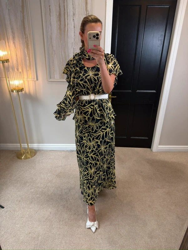 Vintage Roman Black & Butter Yellow Floral Frill Dress
