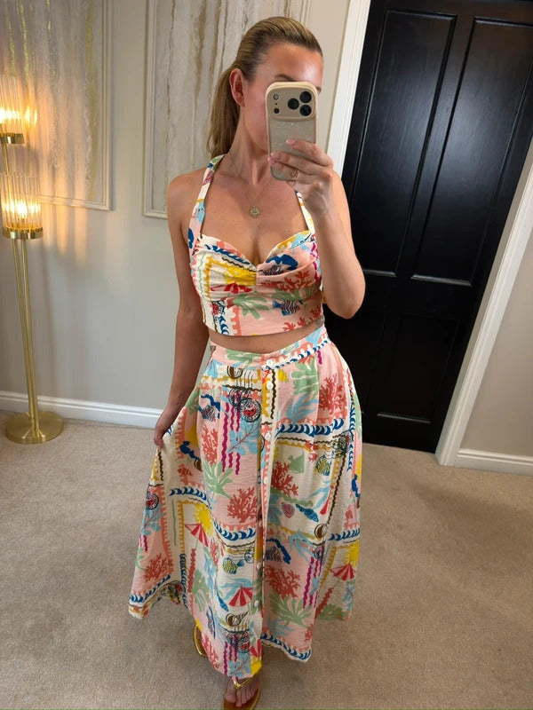 Zara Multicoloured Patchwork Print Skirt & Top Co Ord Large BNWT