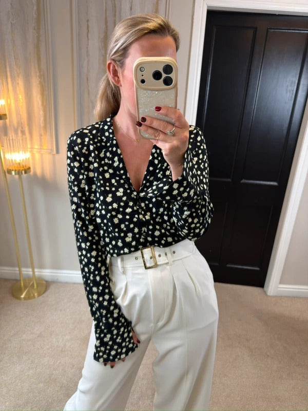 M&S Black Daisy Button Front Blouse 8