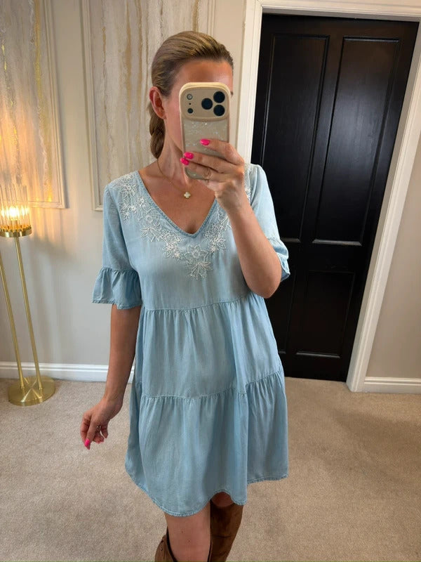 Accessorize XS Light Denim Embroidered Boho Mini Dress XS