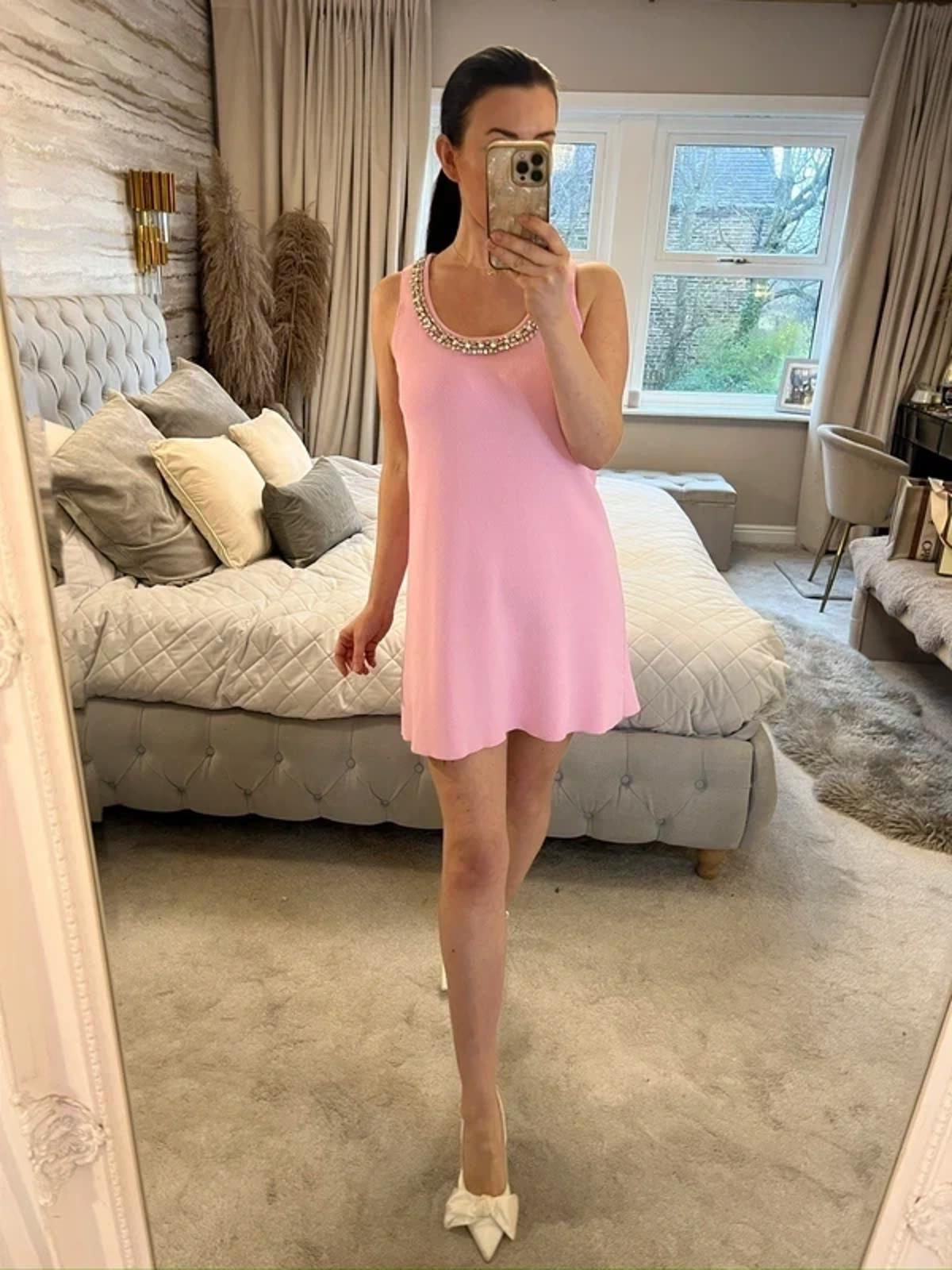Zara Pink Knitted Embellished Mini Dress Small