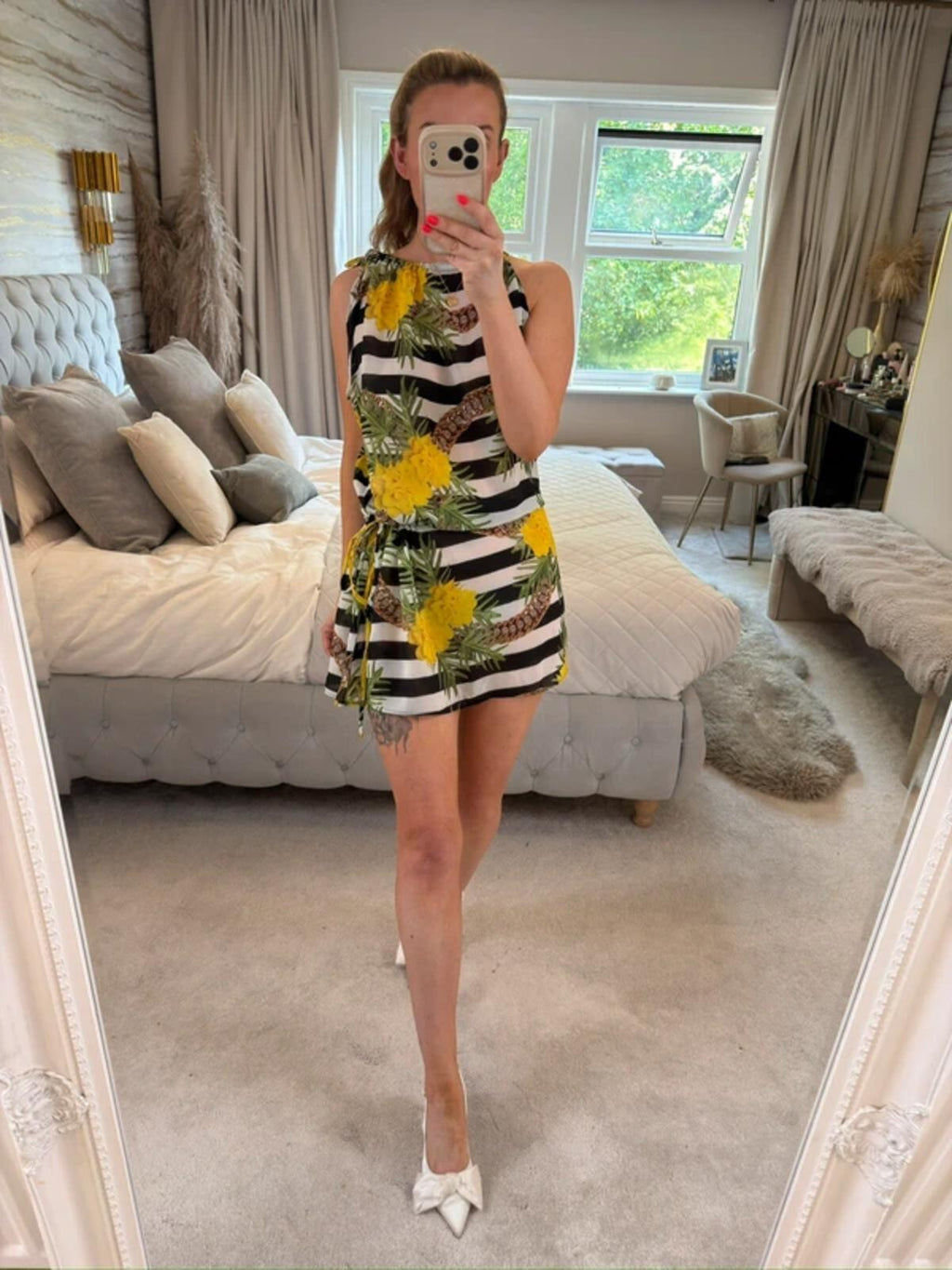Bora Rosa Black Stripe Floral Print Sheer Cover Up / Mini Dress