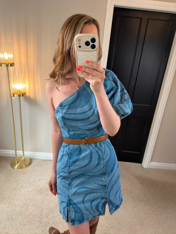 ASOS Denim One Shoulder Puff Sleeve Retro Style Mini Dress Size 10