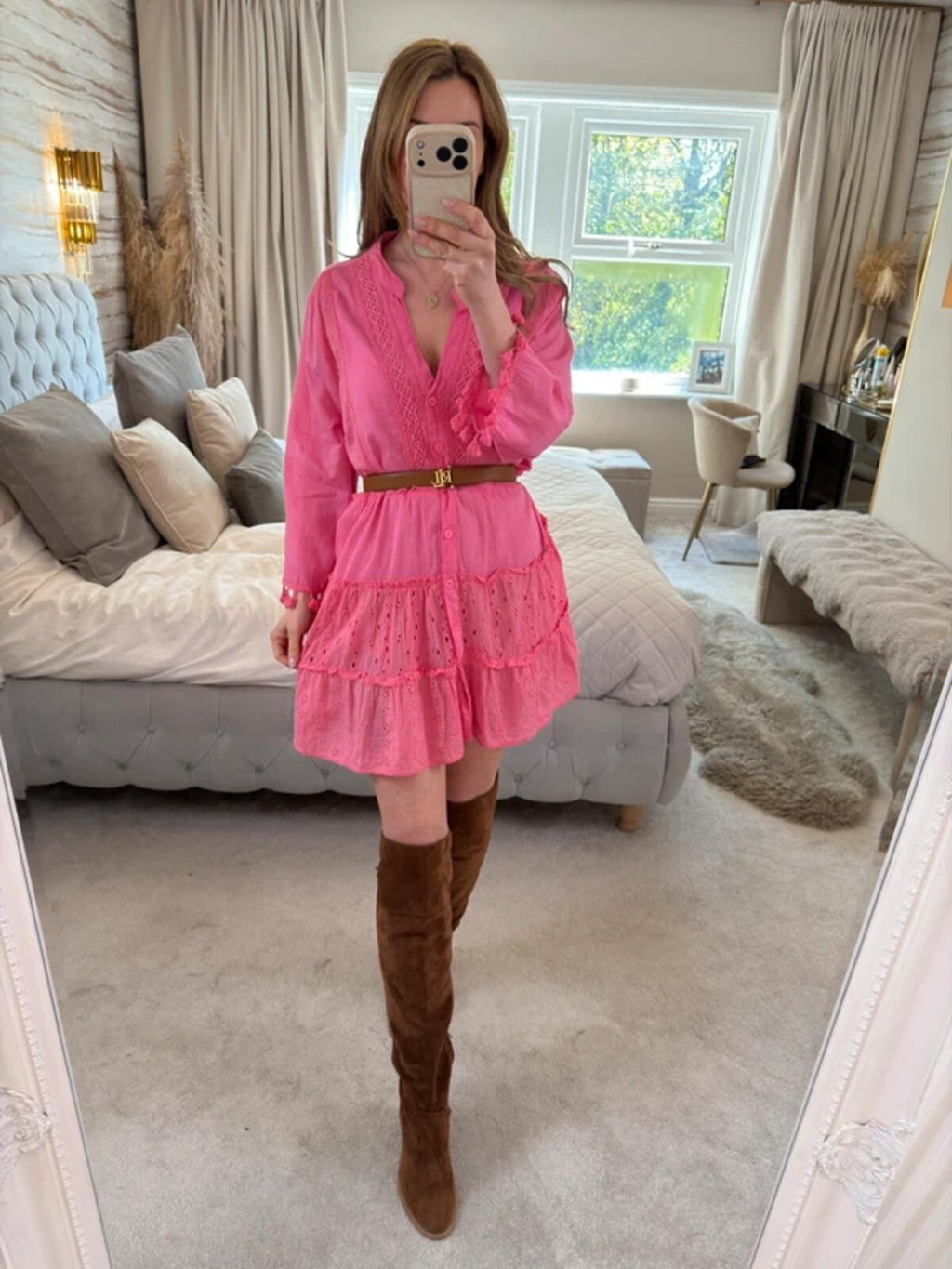 American Flirt Pink 100% Cotton Mini Dress Large