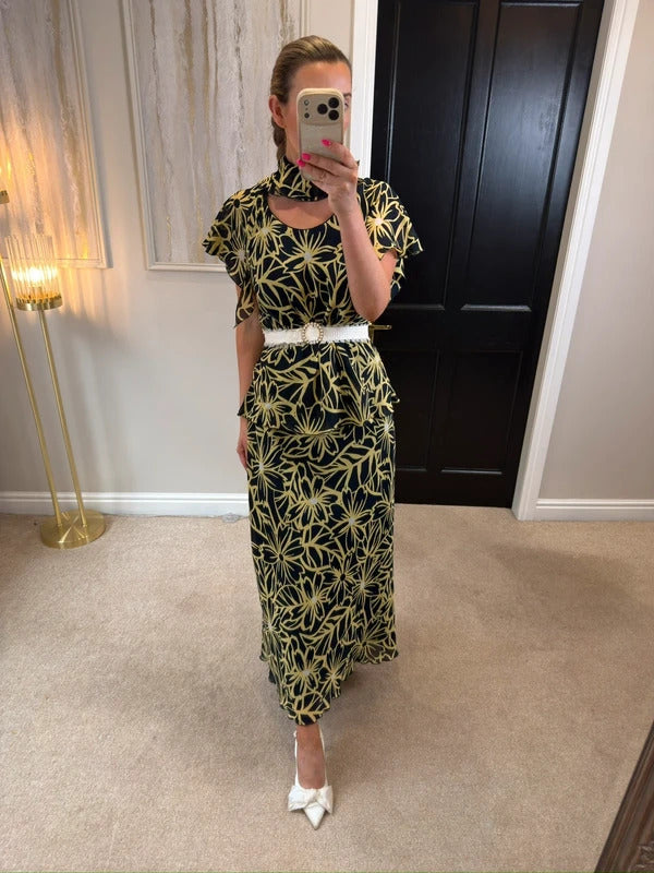 Vintage Roman Black & Butter Yellow Floral Frill Dress