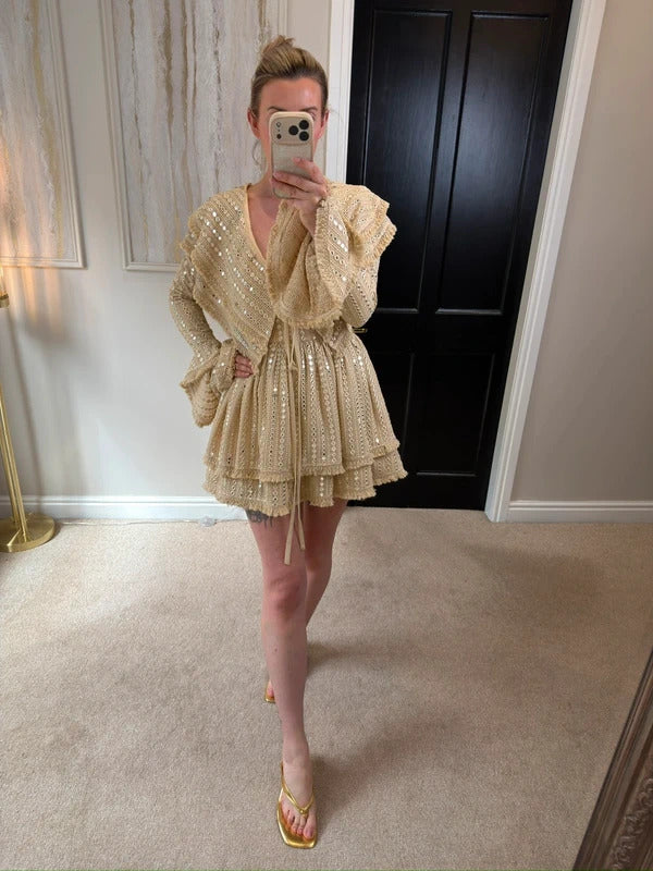 Gypsabella Beige / Gold Portia Boho Embellished Dress Small