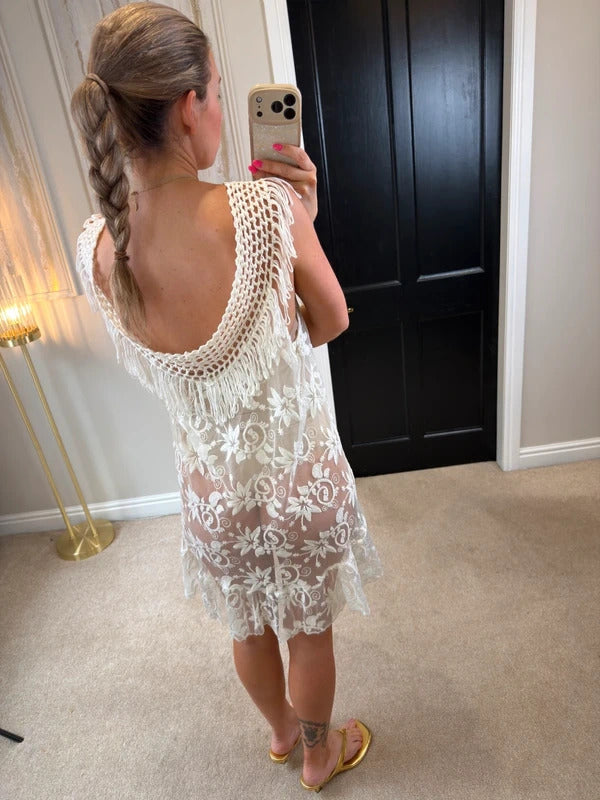 Boutique Ivory Sheer Lace Fringe Mini Dress One Size