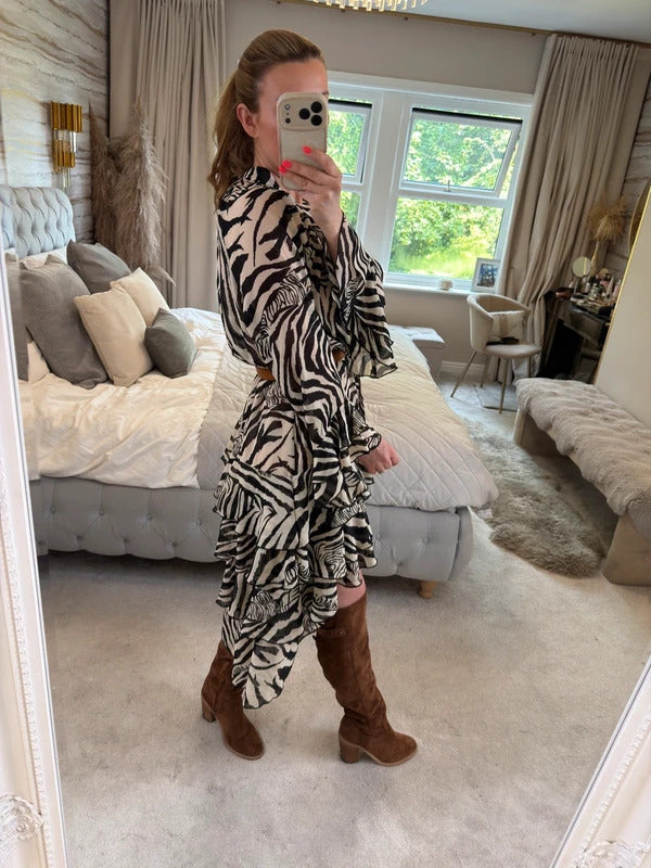 ARRI Black & Cream Sheer Dip Hem Frill Animal Print Dress 10