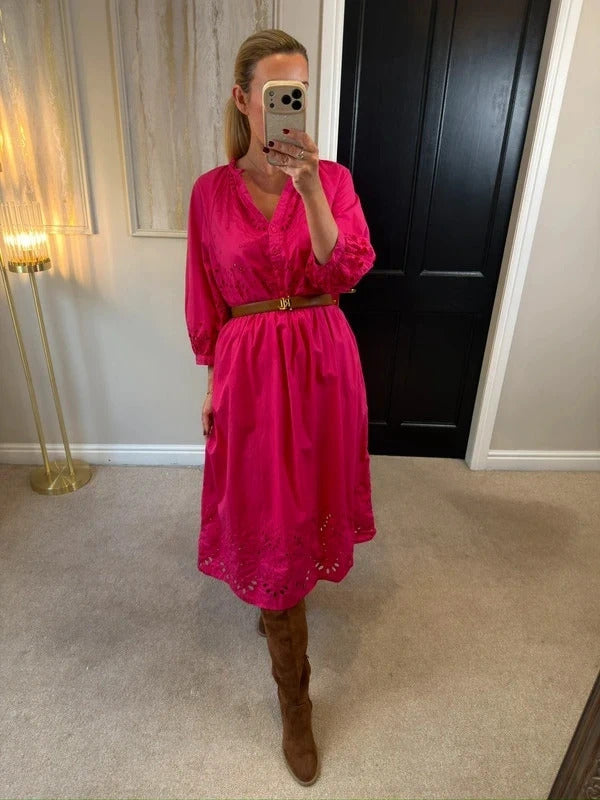 M&S Pink Broderie Anglaise Midi Dress 14
